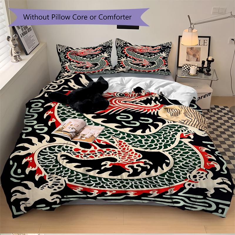 3pcs Chinese Dragon Bedding Set, Including 1 Quilt Cover and 2 Pillow Shams, Without Filling, Soft and Comfortable Home Bedroom Fabric, Fash