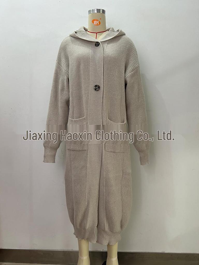 Women's Autumn/Winter Hooded Knitted Cardigan Sweater with Pockets and Buttons - European & American Style