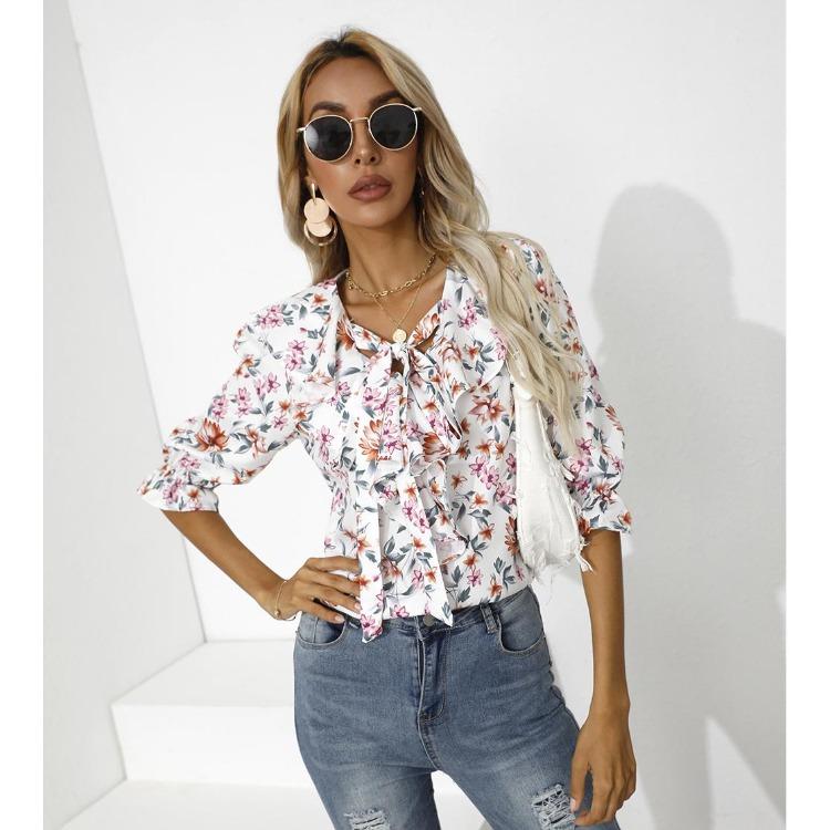 

Ruffled Five Point Sleeve Autumn Print T Shirt Top S белый