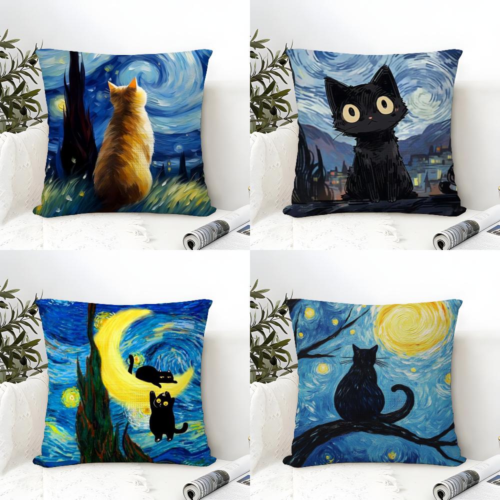 Van Gogh Starry Sky Cat Cushion Cover Eco Linen Pillow Case DoubleSided Print Breathable Durable Zipper Home Decor Gift
