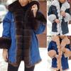 Winter Women Denim Jacket Faux Fur Trim Long Sleeves Color Matching Pockets Cold-proof Mid Length Windproof Outdoor Warm Coat
