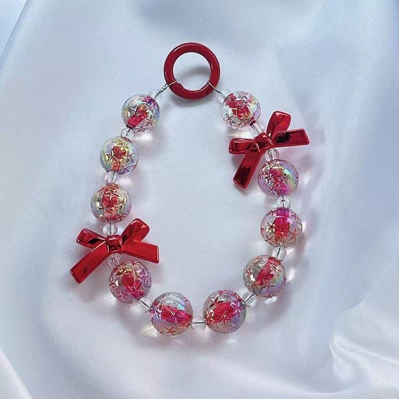 Sparkling Acrylic Beaded Bow Phone Wrist Strap Lanyard Keychain Wristlet Chain Short Women Droplet Crystals Handbag Use