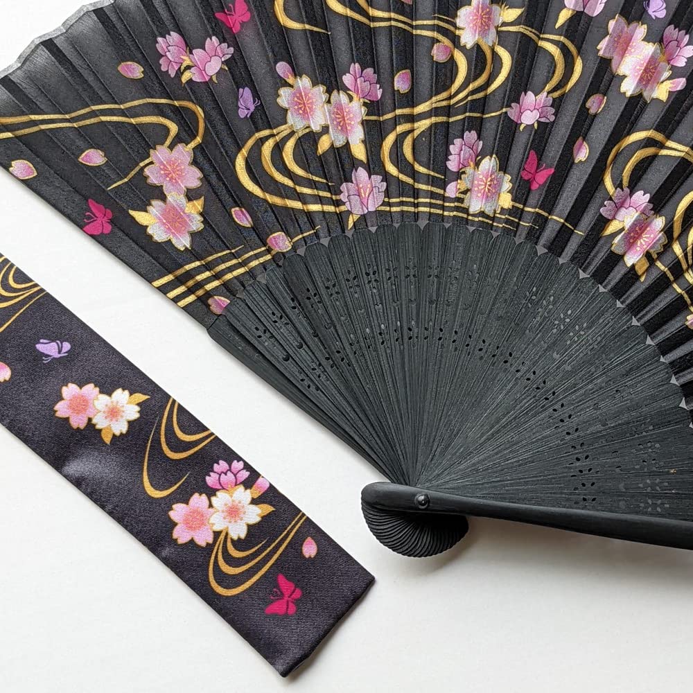 Folding Fan Cute and Comes with a Fan Cherry Blossom and Flowing Water Gold [Kyosuke] Women's - Stylish, Case, Silk, Design,