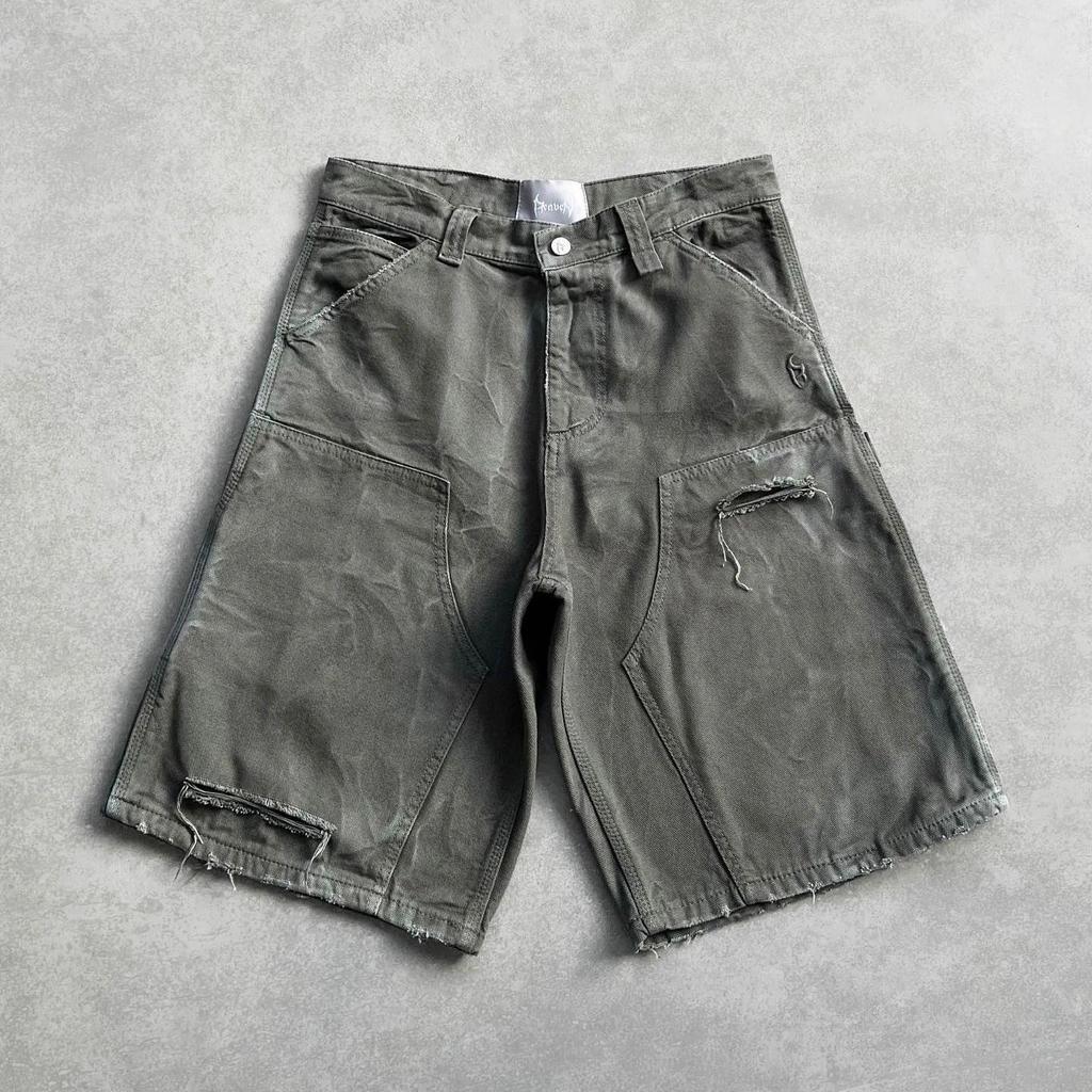 Shorts in Denim Lavato Hip Hop Punk Estivi da Uomo Y2k Vintage Strappati con Buchi Larghi da Lavoro Harajuku Jorts Shorts da Basket Streetwear