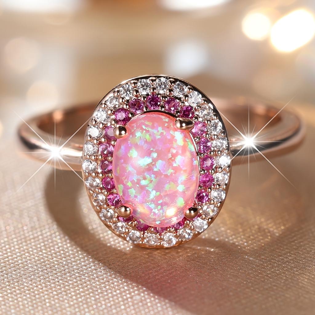 A piece of jewelry inlaid with oval-shaped pink synthetic opal, simple, elegant, classic, exquisite, fashionable, luxurious, unique, versatile, and