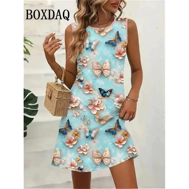 Dresses For Women 2025 Women Vacation Beach Summer Vest Butterfly Flowers Loose Dress Sundress Casual 3D Print Sleeveless Dress
