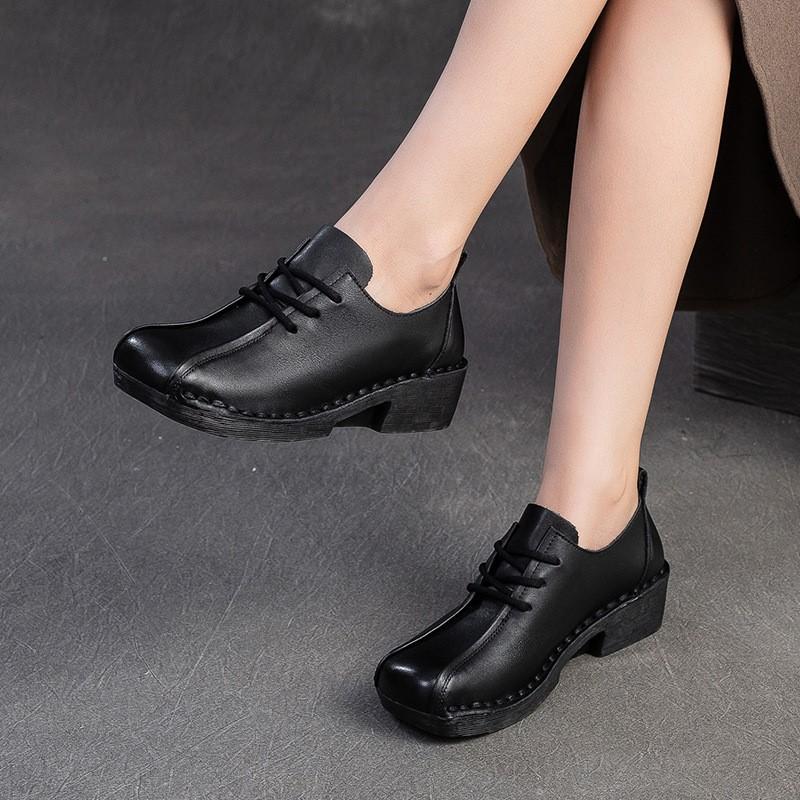 Fashion GKTINOO 2025 Autumn New Genuine Leather Round Toe Lightweight Casual Mid Heel Pumps Versatile Soft Sole Lace Up Women's Shoes