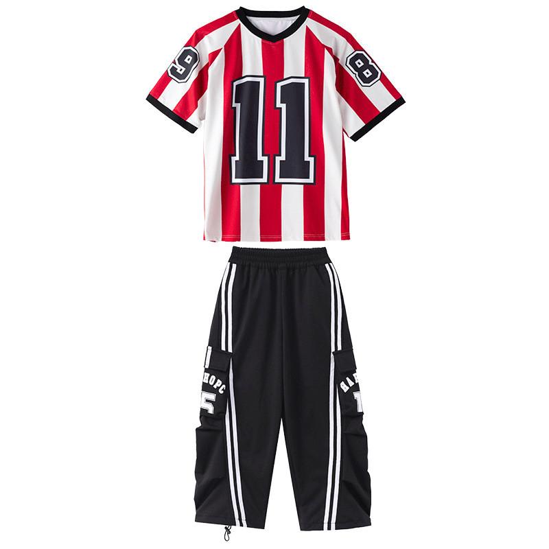 

Children Stage Drum Hip-hop Runway Show Performance Costume Boys Girls Street Dance Jazz Streetwear Loose Stripe Top Pants Clothes Set 180cm чорний