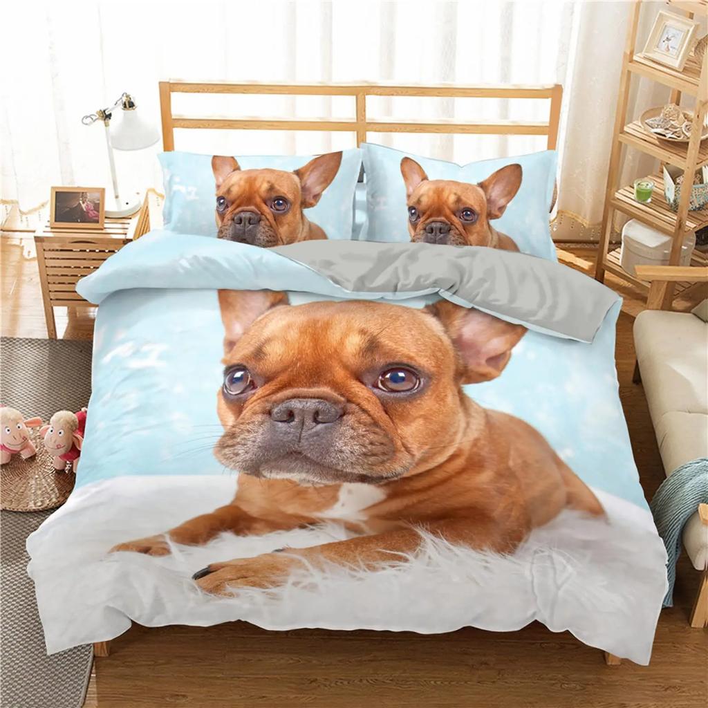 Bulldog Bettwäsche-Set Haustier Welpe Hund Bettbezug Cartoon Tierdruck Bettdeckenbezug King Queen 2/3-teilig Polyester Steppdeckenbezug