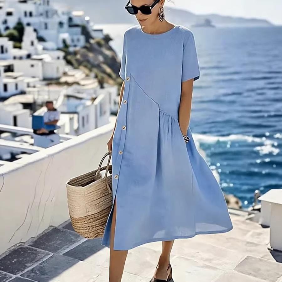 Women's Casual Loose Round Neck Short Sleeve Button Decor Ruched Pocket Midi A Line Linen Dress
