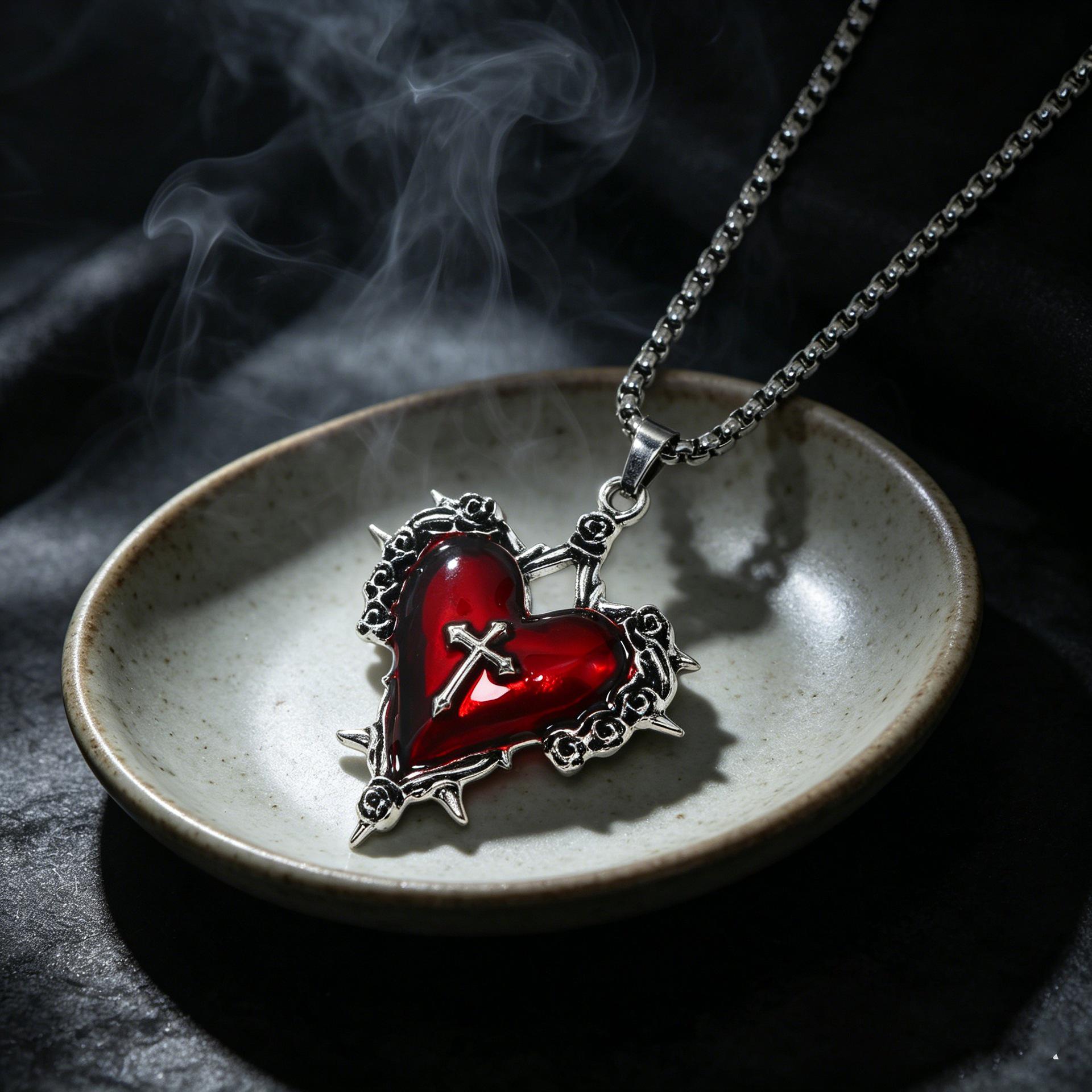 Gothic Enamel Red Heart  Cross Necklace