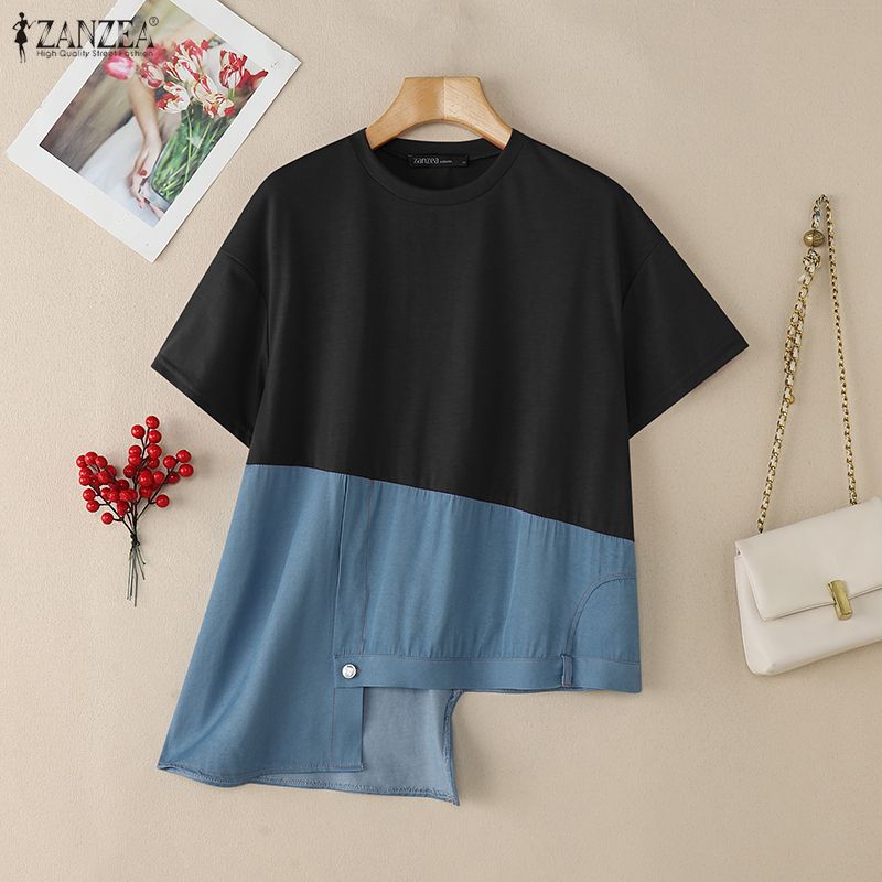 ZANZEA Womens Round Neck Patchwork Short Sleeve Irregular Hem Casual T-Shirts