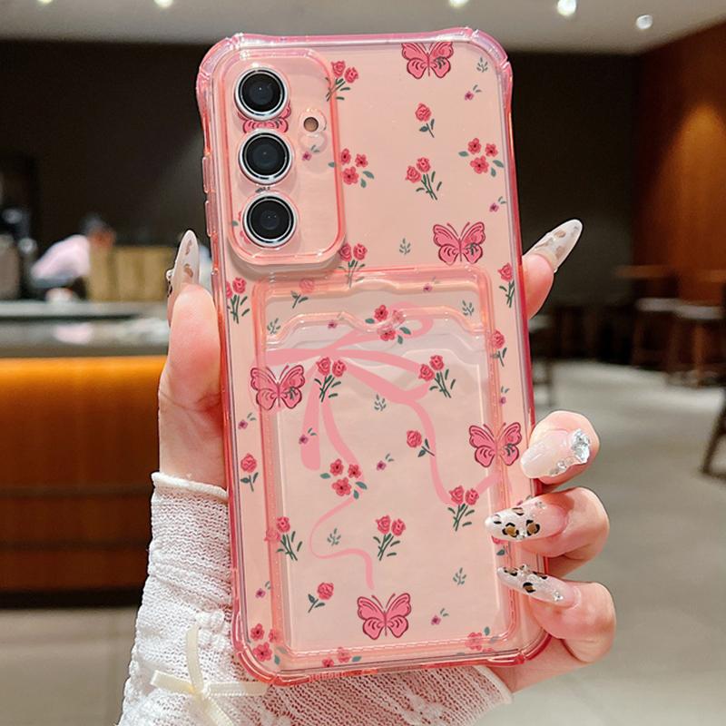 Card Bag Wallet Case For Samsung Galaxy S25 S24 S22 Ultra S23 S24 FE A56 A55 A35 A15 A16 Full Screen Pink Flower TPU Phone Cover