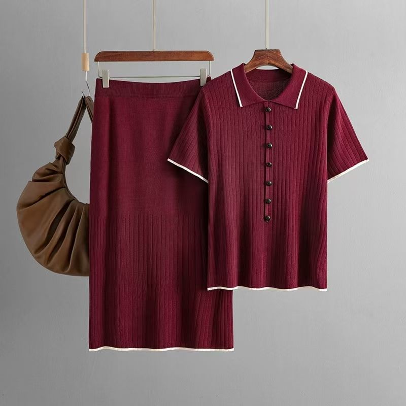 

Western Style Fashion Knitted Short sleeve Top Skirt Two-piece Set Knited Top and Skirt Set Burgundy All yards