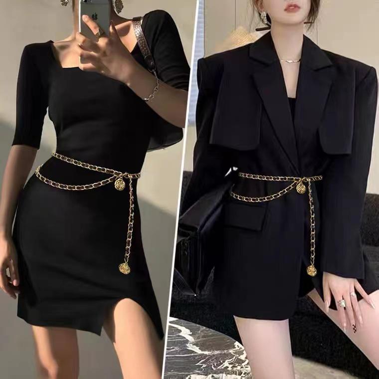 Women's Versatile Gold Waist Chain Belt - Stylish Leather Accessory for Dresses and Skirts