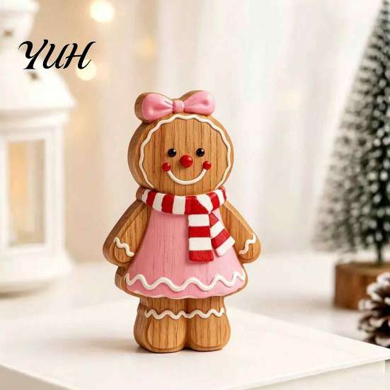 Gingerbread Character Figures Cartoon Wooden Ornament, Double-sided Printed Desktop Tabletop Figurines, Festive Window Display Decorative Craft