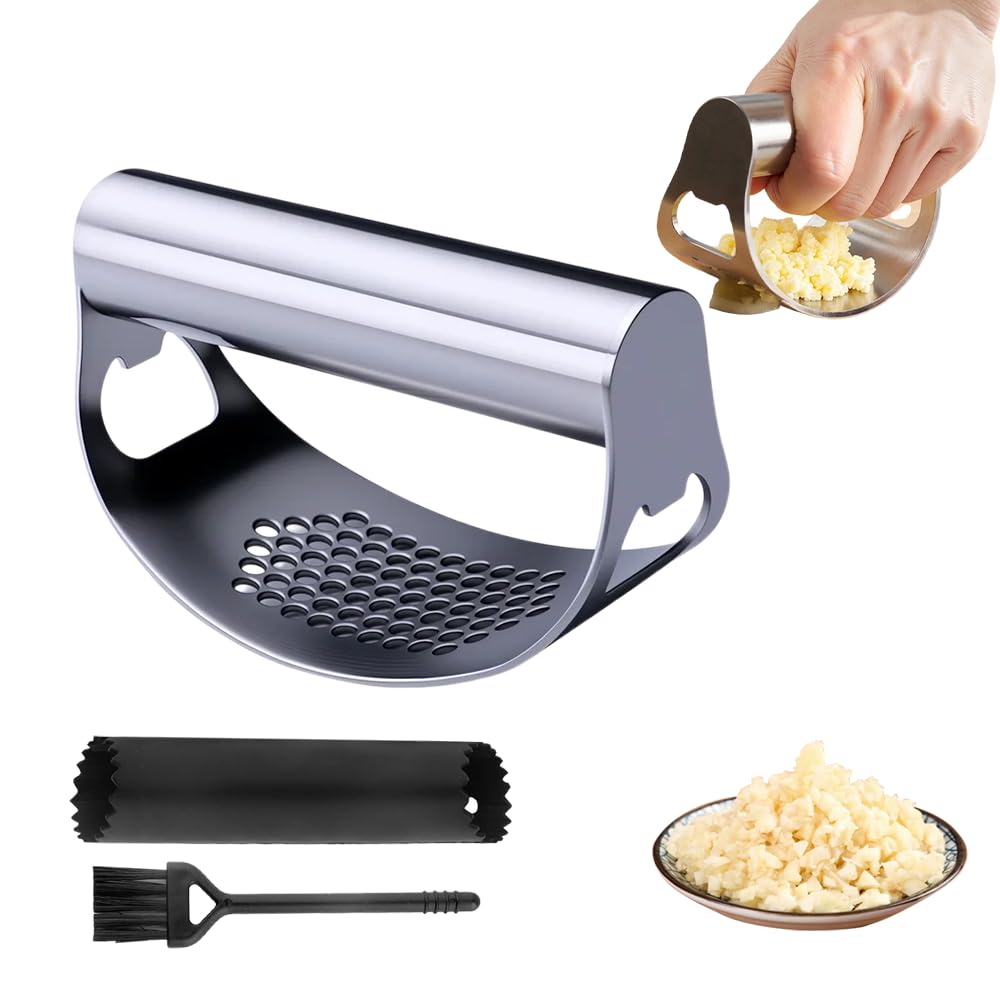 

Stainless steel garlic press lever, 2026 new heavy-duty ergonomic garlic crusher tool, with peeler and brush, can crush garlic, built-in bottle opener