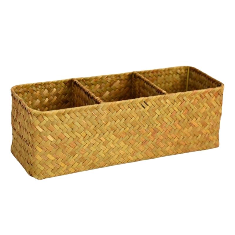 Elegant Sea Grass Desktop Storage Box Three Grids with Lid Basket 3 Compartment Stationery Holder Jewelry Organizer