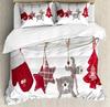 Christmas Duvet Cover Set, Snowman with Santa Hat In The Garden with A Gift Box and Candle Cartoon Image Polyester Bedding Set