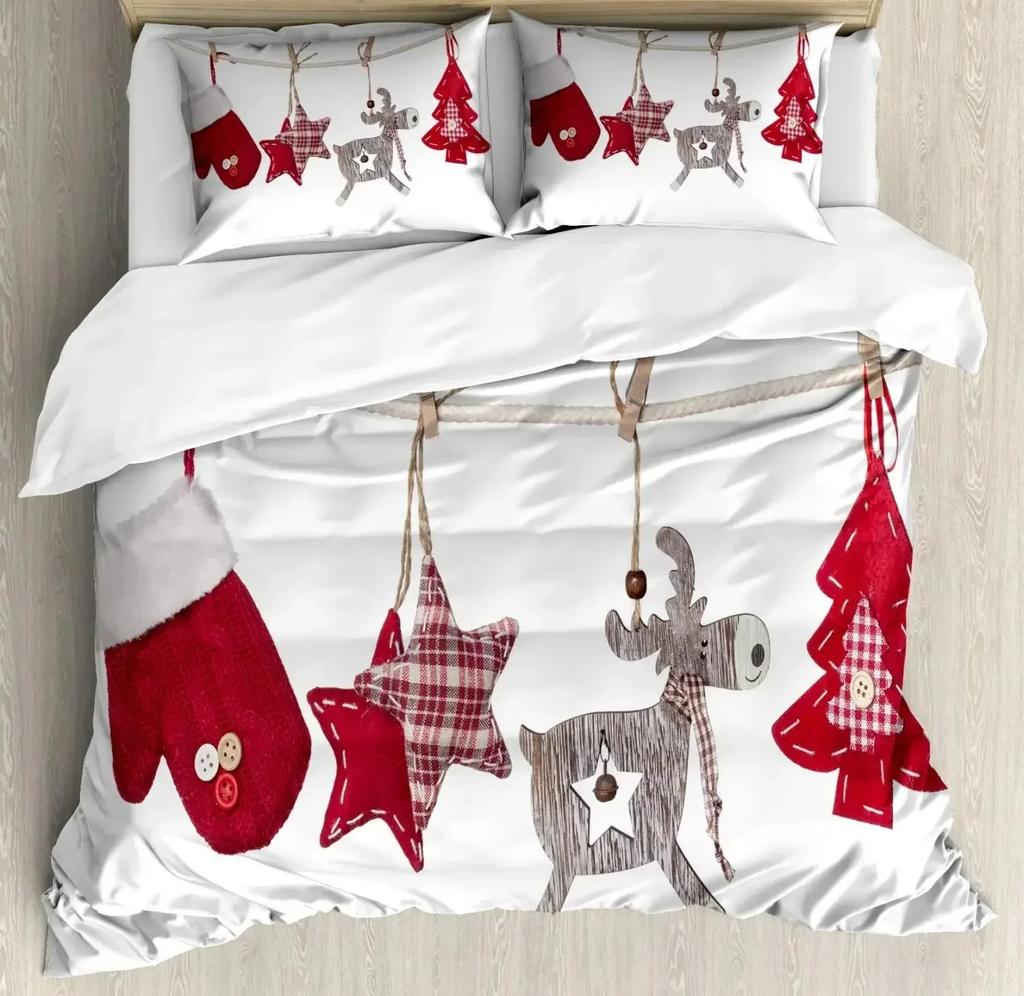 Christmas Duvet Cover Set, Snowman with Santa Hat In The Garden with A Gift Box and Candle Cartoon Image Polyester Bedding Set