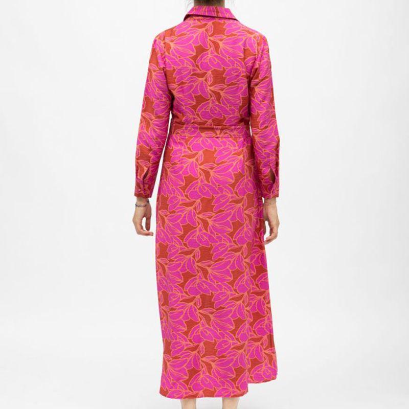 Long Brown Shirt Dress with Pink Flowers with Roman Belt Woman LA PETITE ETOILE