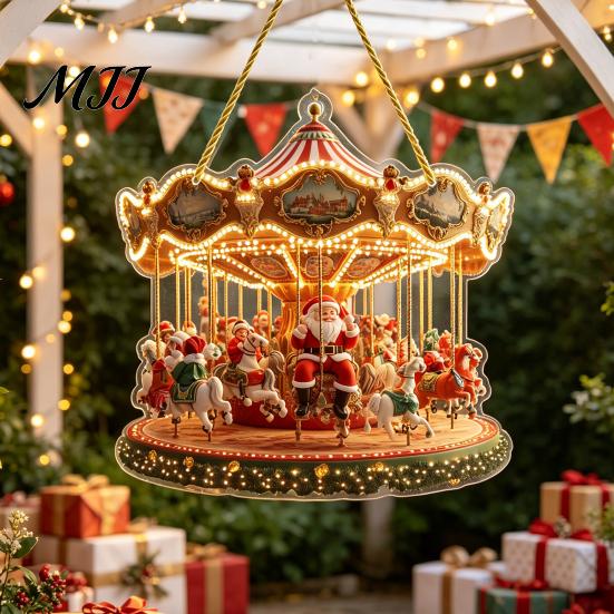 Holiday Party Decorations Christmas Santa Claus Carousel/Snow Cottage Hanging Ornament, Double-Sided Winter Festival Ornaments Acrylic Pendant