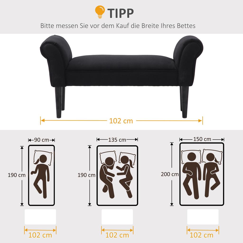Bench, Bed Bench, Timeless Design, Soft Padding, Up To 130 Kg, Black, 102 X 36 X 51 Cm
