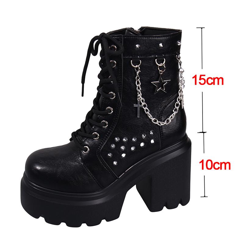 

Женские готические ботинки на платформе, панк, массивный высокий каблук, ботильоны до щиколотки, декор цепочками с заклепками, черные мотоботильоны, женская модная обувь 42