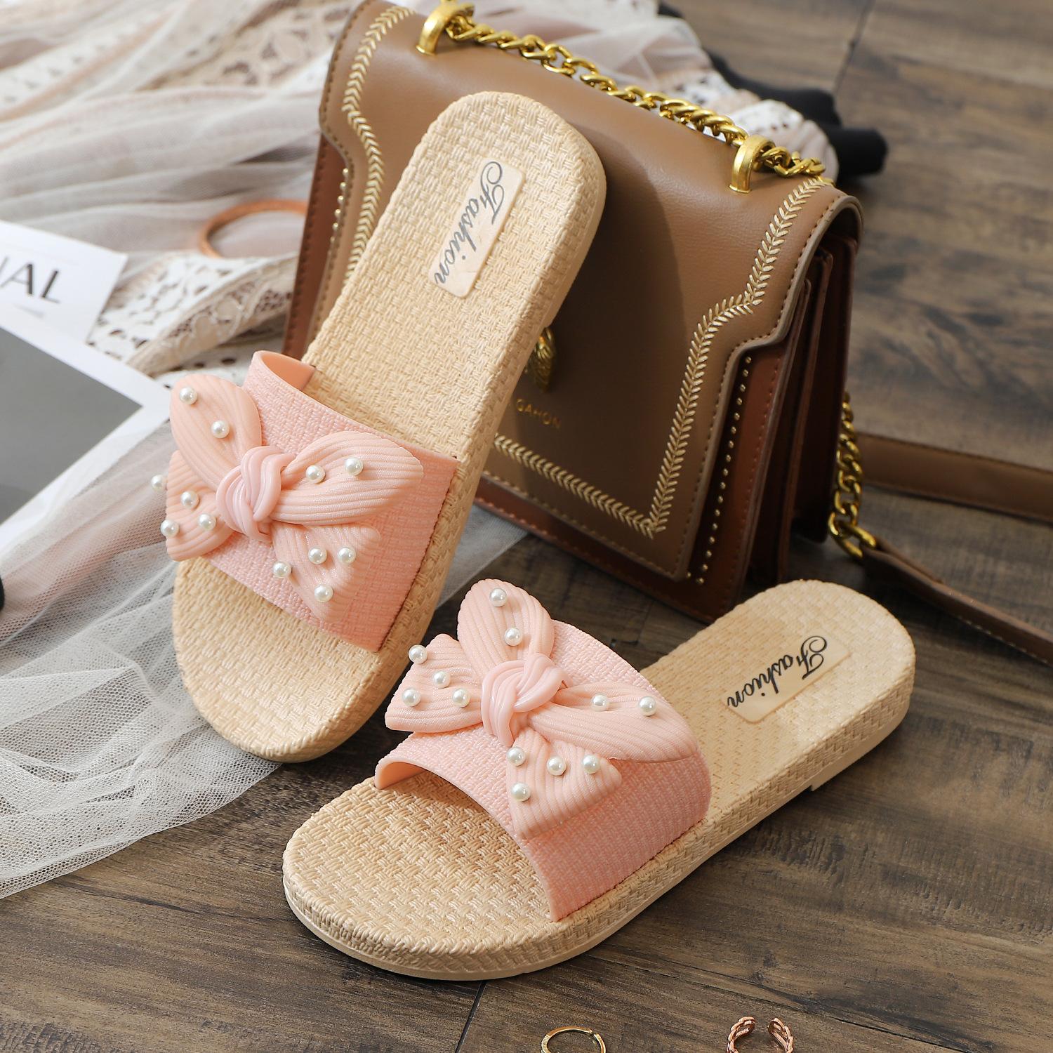

Pearl bow slippers women s new fashion lady style casual wear flat-bottomed slippers indoor and outdoor cool slippers 40 рожевий