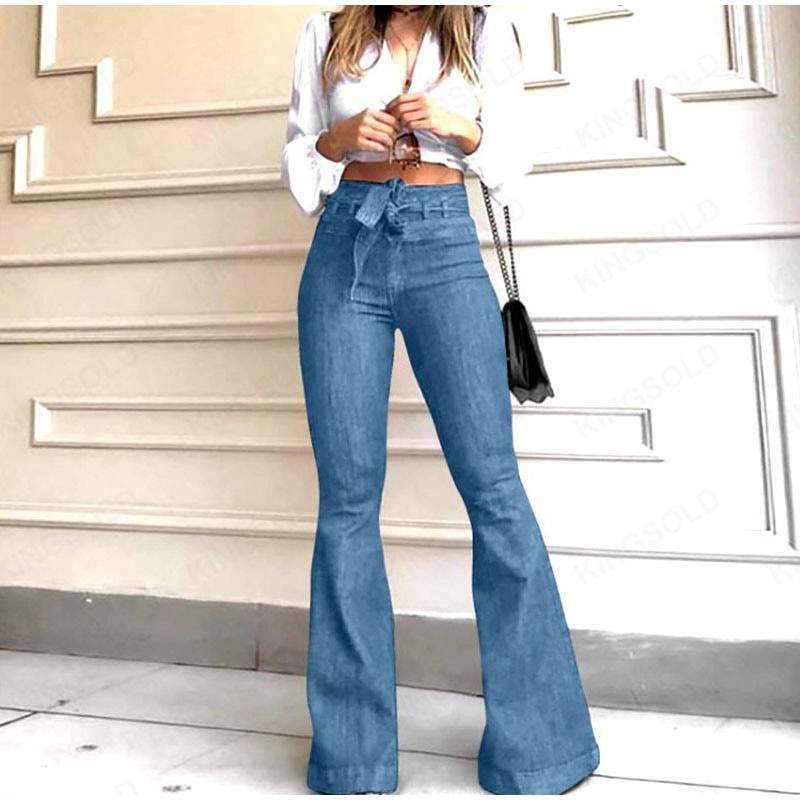 Women Jeans Solid Color High Waist Flare Pants Zipper Fly Flat Pockets Streetwear Slim Patchwork Button Slight Strech Belt