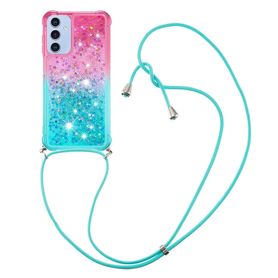 

For Samsung Galaxy A15 5G TPU Case Gradiant Quicksand Shockproof Cover with Lanyard Pink+Sky Blue
