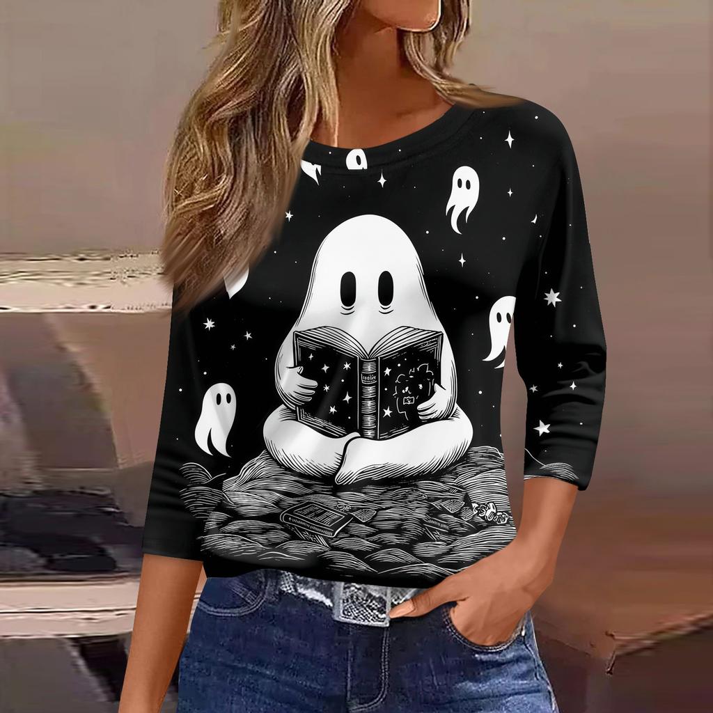 Women's 3/4 Sleeve Loose Fit Casual Shirt Round Neck Pullover Top Halloween Print Graphic T-Shirt for Everyday Wear