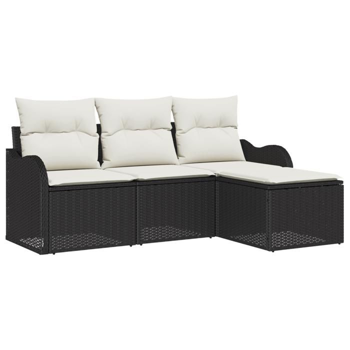 Ensemble de Canapés de Jardin 4 Pièces avec Coussins Noir Rattan Poly, Canapé de Jardin 2 Places avec Coussins Noir Rattan 3345647