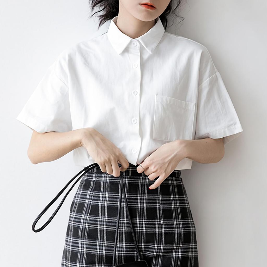 Shirt Blouse Short Sleeve Regular Collar Pocket Collar Simple Plain Spring Summer Autumn Cutter Wide Shirt Solid Tops Office Casual Button [Bubu