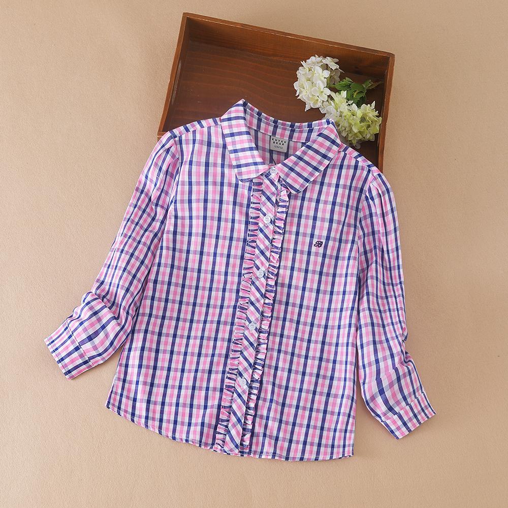 

Клетчатая рубашка для девочек с оборками, длинный рукав, повседневный топ, 100% хлопок, весна-осень, для ежедневной носки, детская мода 2025 140