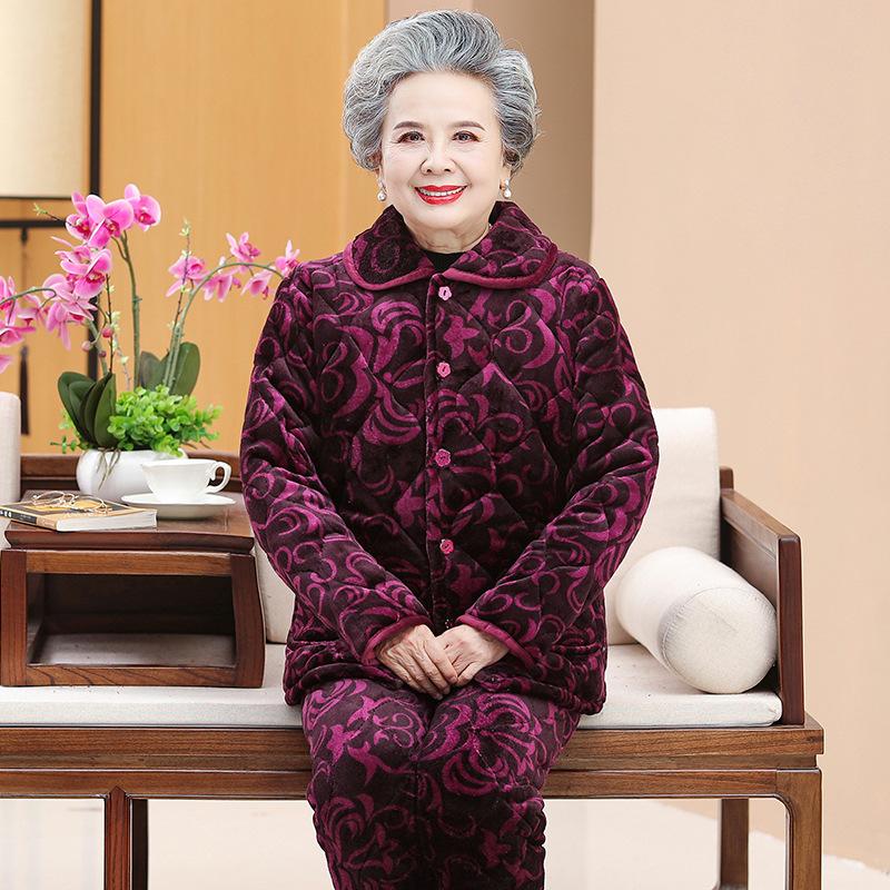 Pajamas three-layer thickened loungewear coral fleece clothes fleece clothes the elderly winter suit women