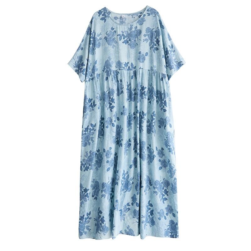 Krátký rukáv Plus size Bavlněné vintage květinové nové šaty pro ženy ležérní volné dlouhé letní šaty