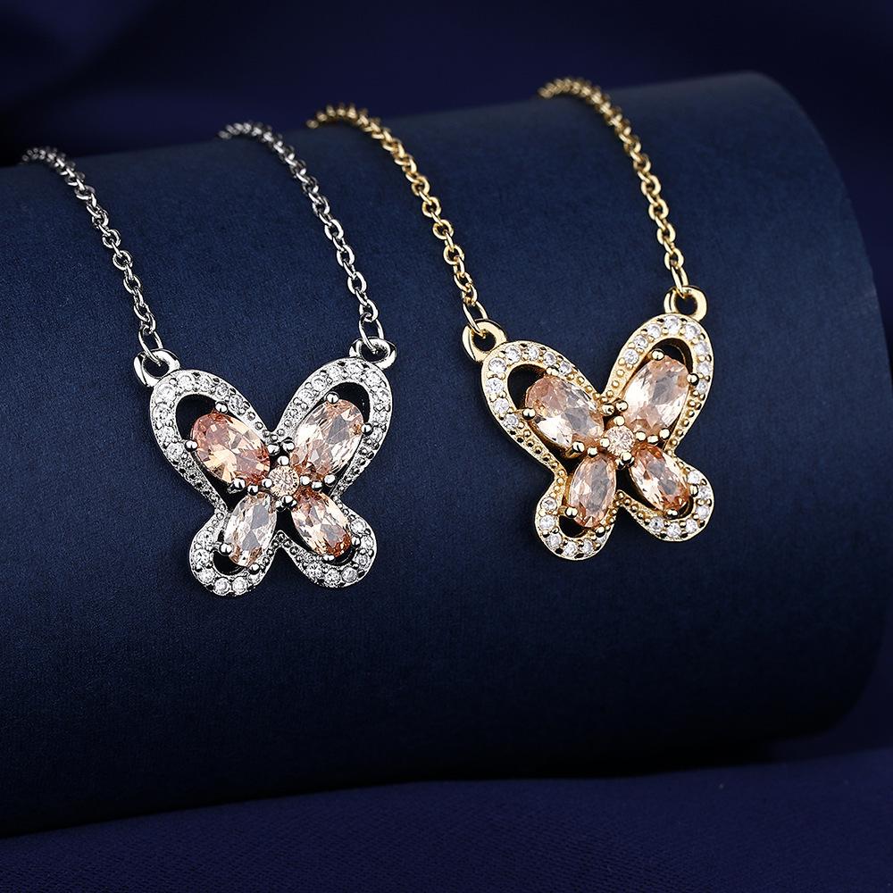925 Sterling Silver Light Luxury Elegant Champagne Zircon Butterfly Necklace Birthday Party Anniversary Gift