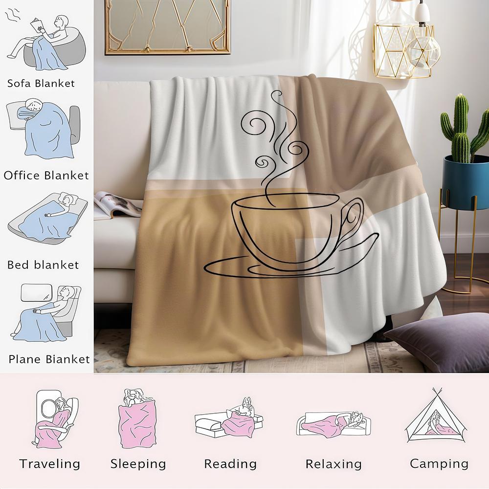 Line Art Coffee Cup Flannel Blanket Warm Soft Halloween Christmas Couch Warm Cozy Decorative Decor Gift for All Season