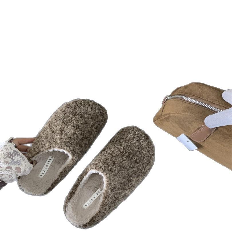 Korean Version of Casual Fluffy Slippers Women's 2025 New Winter Wear Flat-bottomed Lazy Muller Shoes with Fleece Bag Head and Half Drag