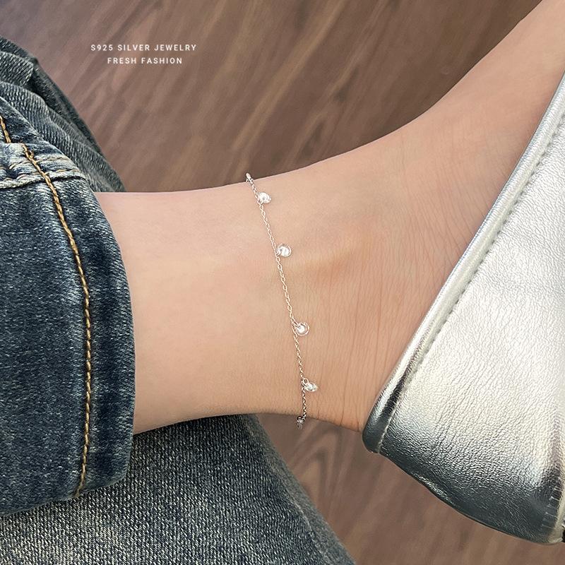 925 Sterling Silver Sweet Tassel Zircon Anklet for Women Korean Exquisite Elegant Summer Foot Accessories Gift