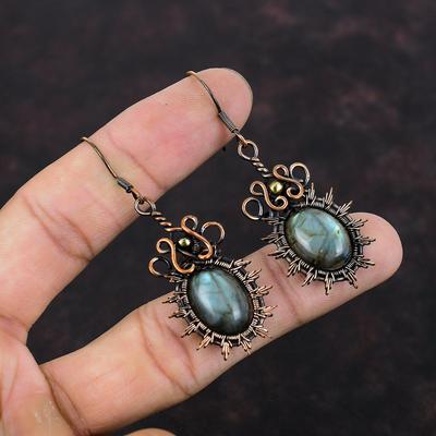 Orecchini in Labradorite Avvolti in Filo di Rame Orecchini Fatti a Mano Orecchini con Pietre Preziose Autentiche Gioielli Unici in Filo di Rame Orecchini in Stile Etnico
