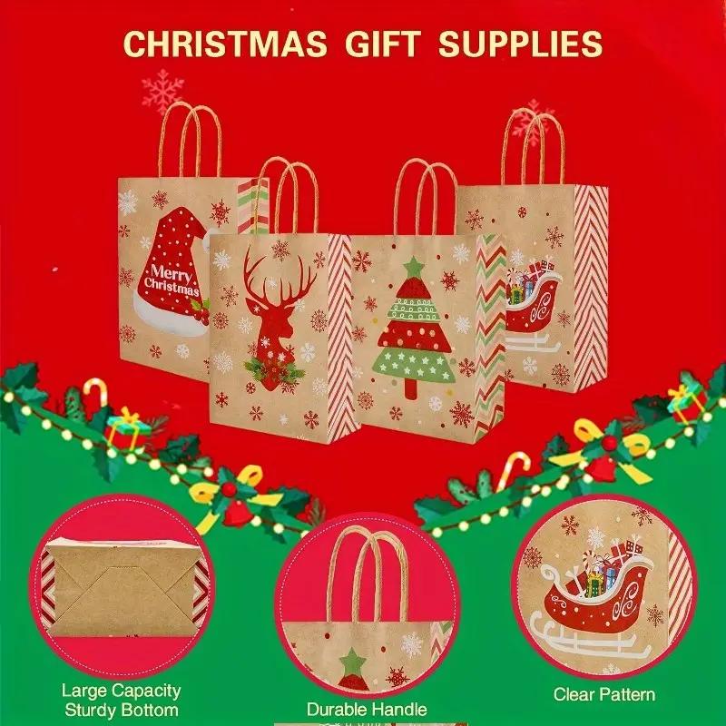 12-96PCS Christmas Treat Bags Printed Pattern with Handles Portable Storage for Holiday Gift Wrapping Birthday Party Favors