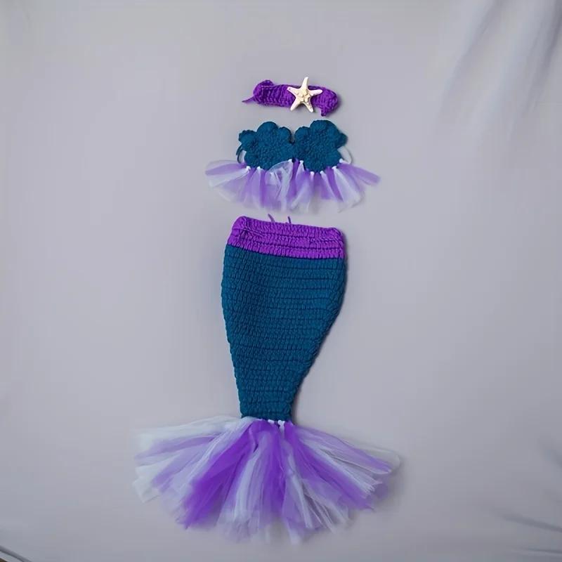 

3pcs Handmade Knitted Mermaid Prop Set - Theme Outfit Tail Bikini Top Starfish Decor Perfect Photography Props for Cute Shoots Other фиолетовый