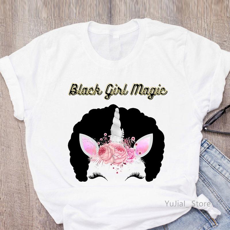 2025 Tshirt Women Black Girl Magic Unicorn Graphic T Shirt Girl Femme Flowers Purple Rose Female T-Shirt Streetwear