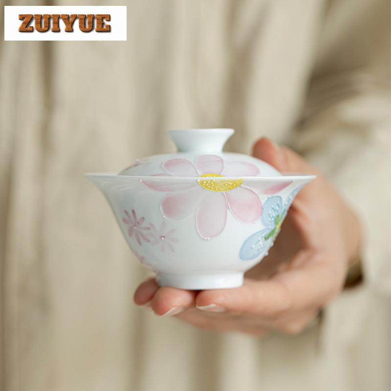 120ml Hand-painted Full Of Flowers Gaiwan Traditional Tea Tureen Tea Bowl With Lid Kit Tea Brewing Cover Bowl Teaware Decoration