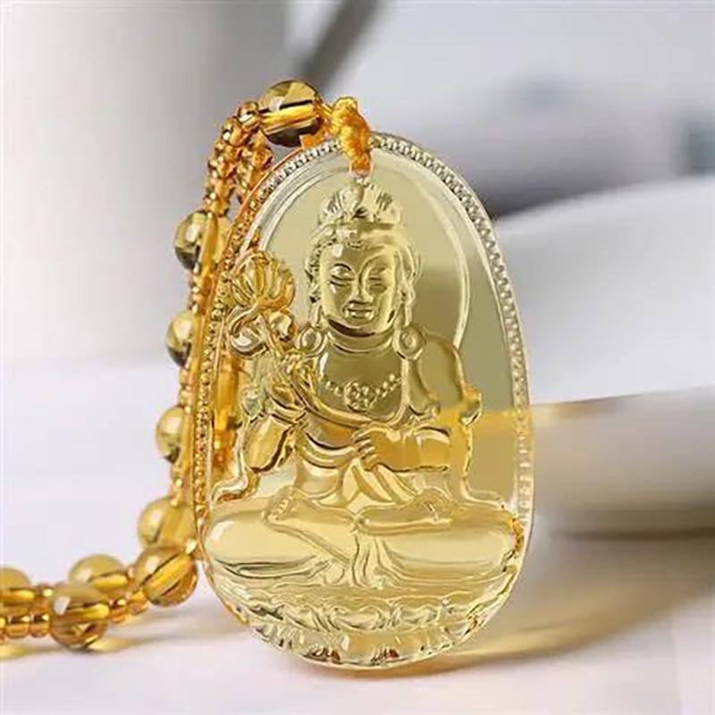 Yellow Crystal Necklace Long Sweater Chain Manjushri Pendant Amitabha Pendant Unisex Gift