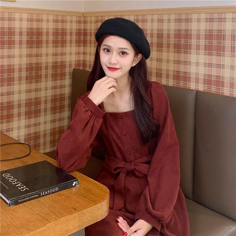 2026 Autumn Korean A-line High-Waist Slimming Mid-Length Square Neck Solid Color Long-Sleeve Dress