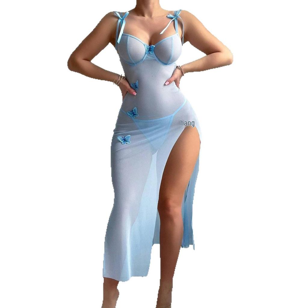 Sheer Mesh Embroidered High Slit Butterfly Lingerie Dress
