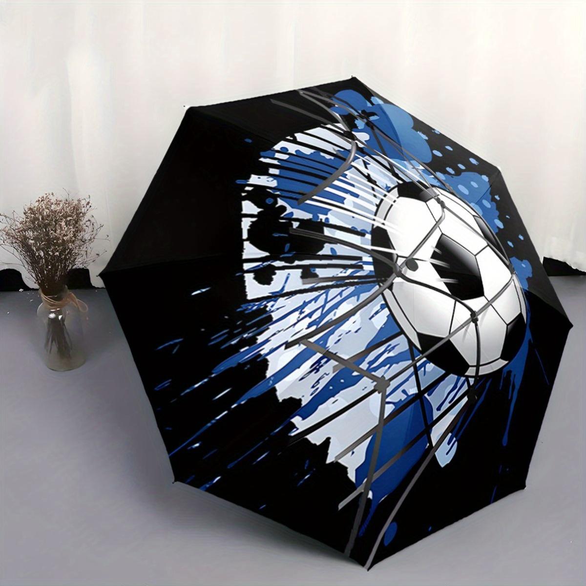 This Folding Umbrella Showcases a Soccer Ball Bursting Through a Net, Adorned with Splashes of Blue And White Paint. Ideal for Iron&8K